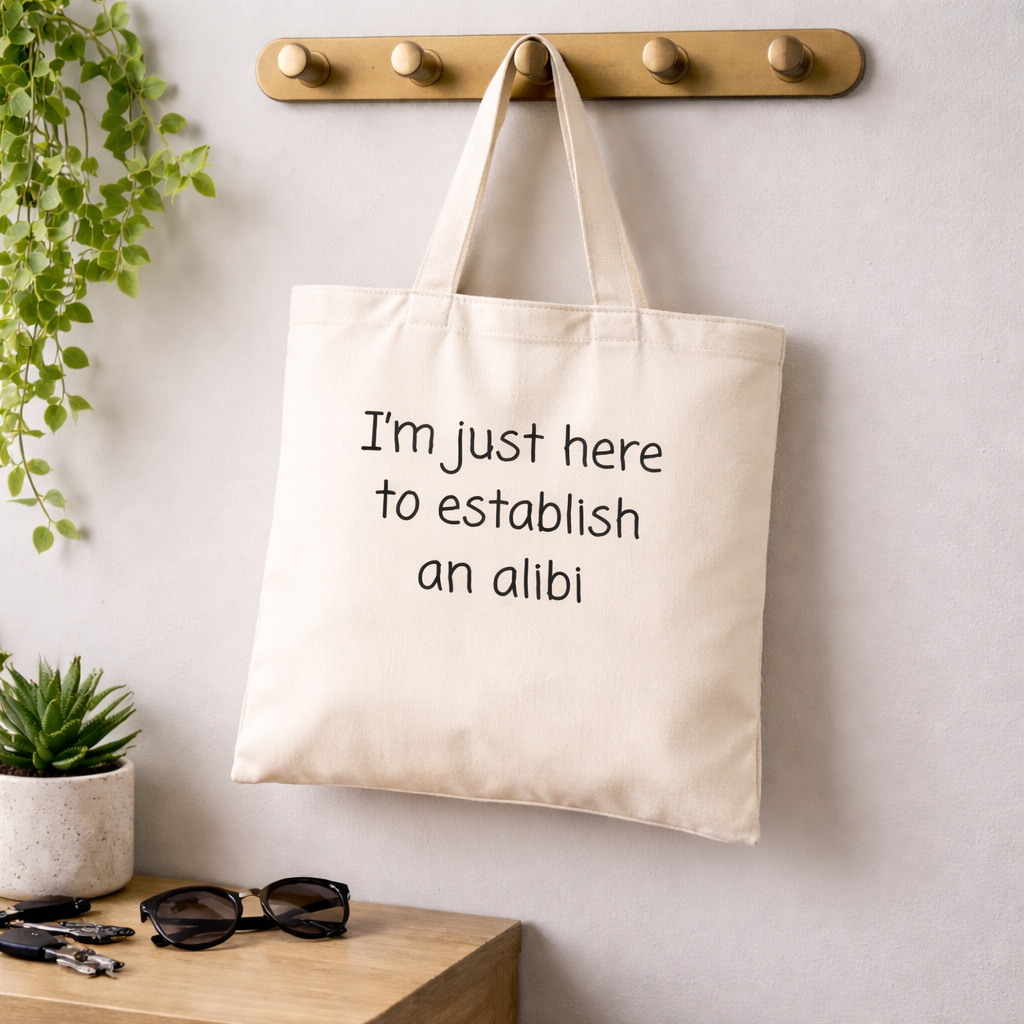 “Establish an Alibi” Tote Bag – Crime Talk Edition